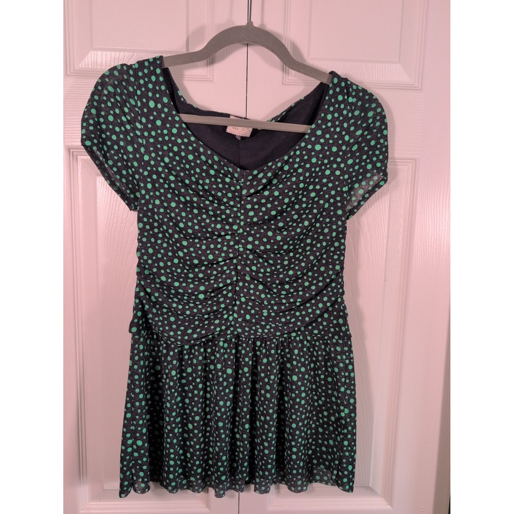 Anthropologie Postmark Green Polkadot Ruched Peplum Women's Top Size Medium